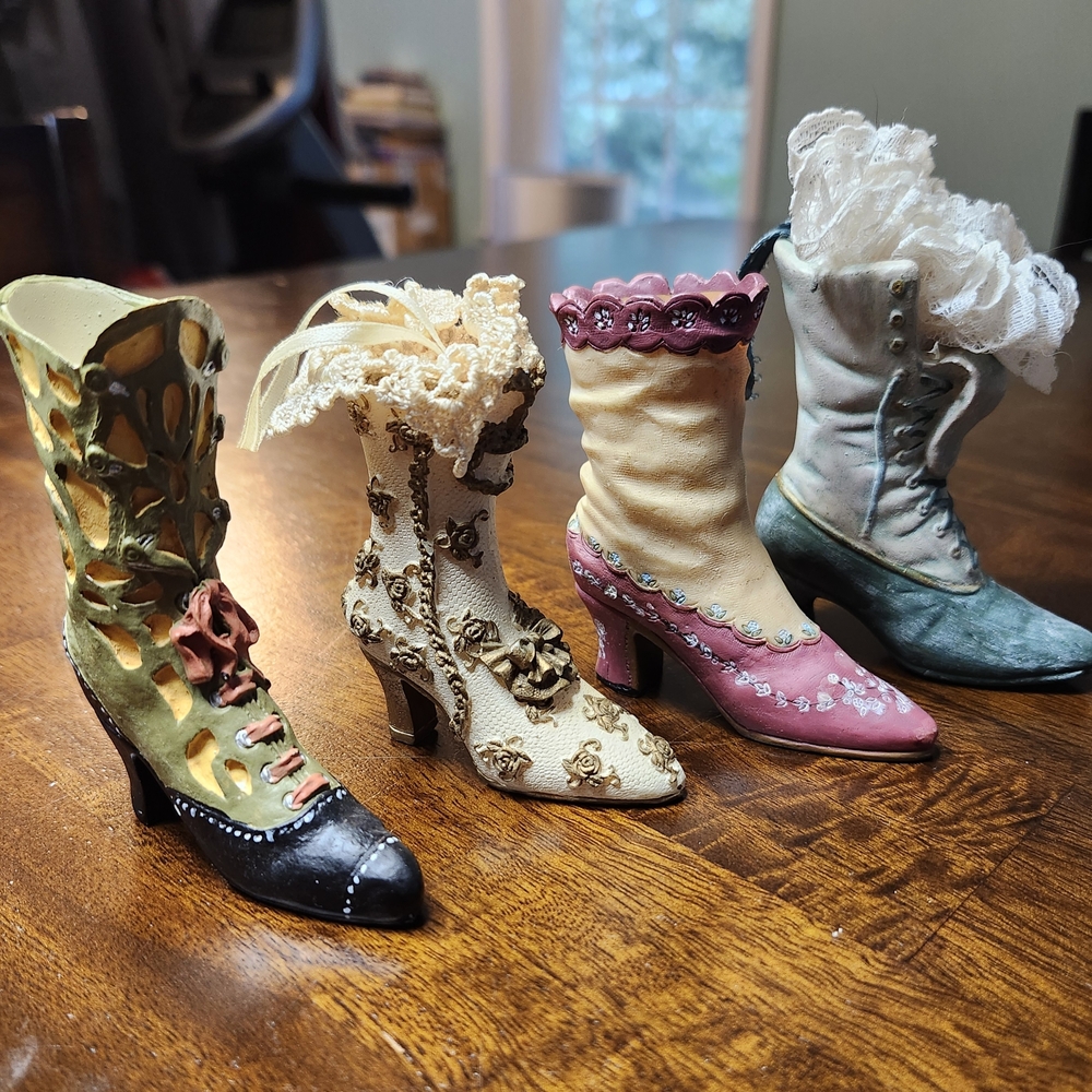 Vtg 4 Piece Miniature Hand Painted Ceramic High Heel Boots Figurines 1 Dept 56